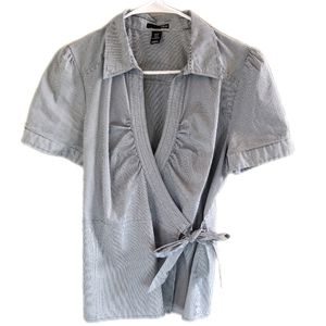 H&M wrap pinstripe v-neck blouse - blue/gray & white - EUC - Size 12